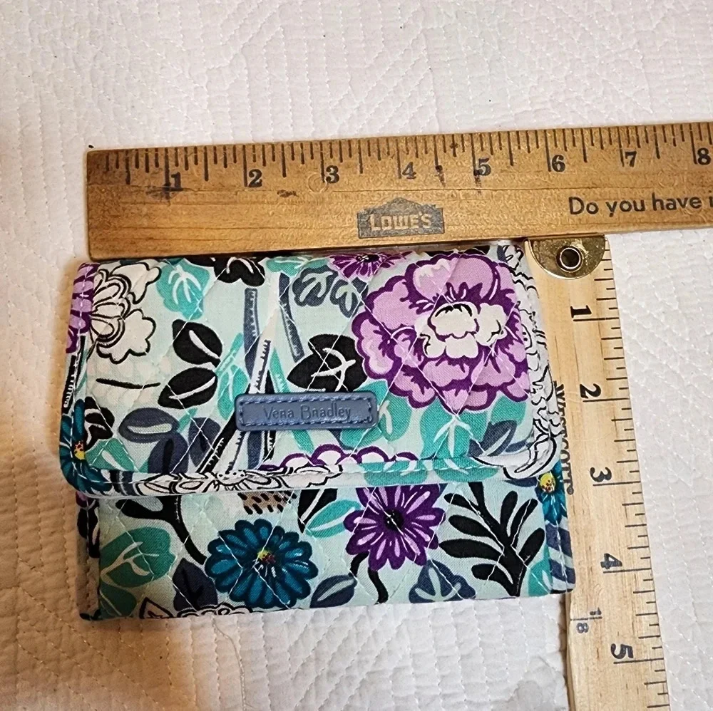 Vera Bradley Penelope's Garden tri-fold‎ wallet. Blue green purple floral.